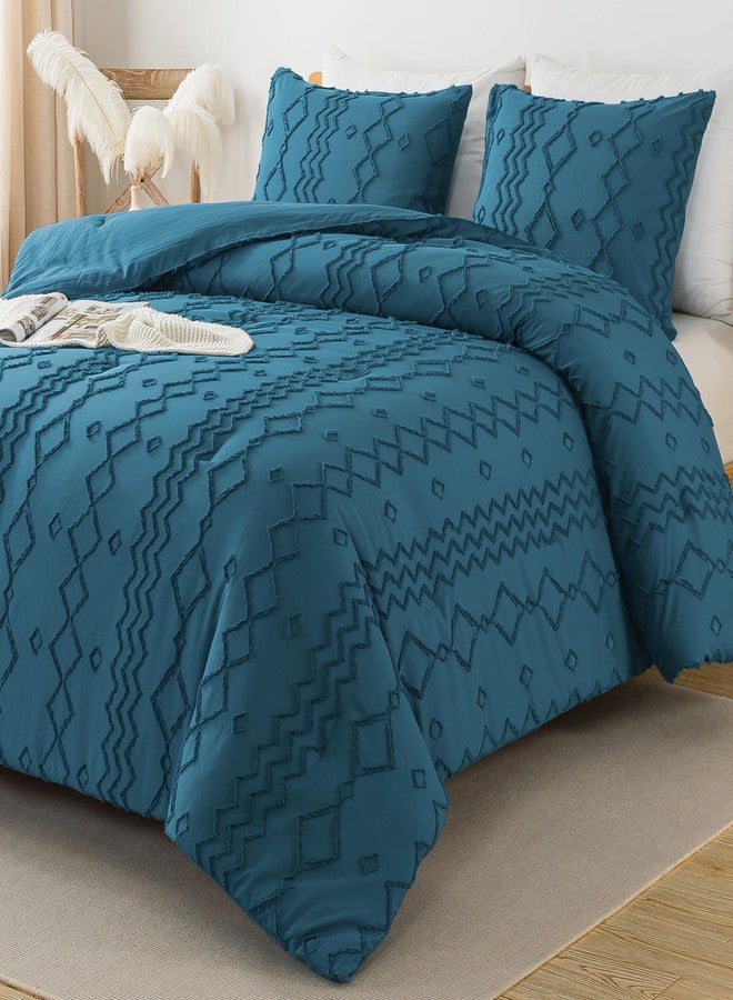 Andency Teal Tufted Comforter Set Queen(90x90Inch), 3 Pieces(1 Boho Comforter, 2 Pillowcases) Textured Farmhouse Bed, Soft Microfiber Down Alternative Geometric Bedding Set - Image 1