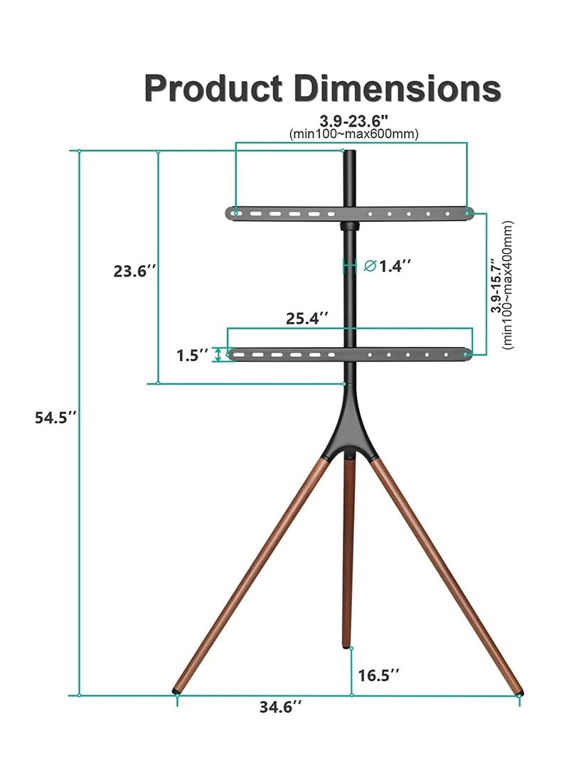 FlashHawk Floor TV Stand with 180° Swivel, VESA 600x600mm for 32-65" Screen Mounts | Steel & Beech Modern Design | Non-Slip Tripod Base​ - Black - Image 2