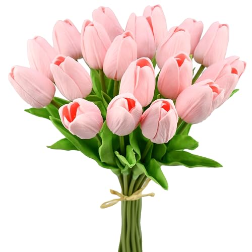 Mandy's Artificial Tulips 20 Stems Light Pink PU Faux Flowers for Wedding Home Decor 13.5 Inch - Image 1