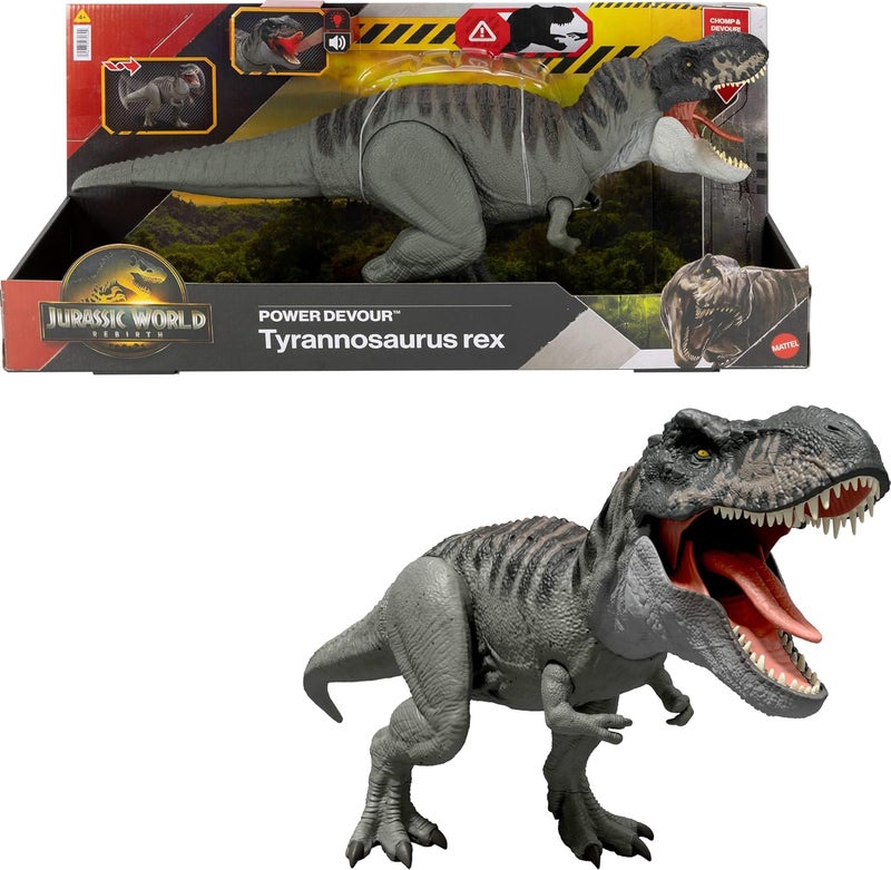 ماتيل جيمز Mattel Jurassic World: The Rebirth Power Eater Tyrannosaurus Rex Dinosaur Figure - with Tongue Activated Bite Attack, Light & Sound, Digital Fun JGB50 - Image 1
