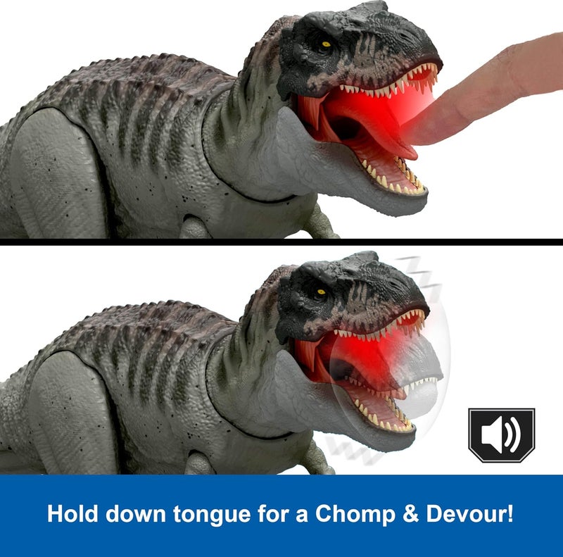 ماتيل جيمز Mattel Jurassic World: The Rebirth Power Eater Tyrannosaurus Rex Dinosaur Figure - with Tongue Activated Bite Attack, Light & Sound, Digital Fun JGB50 - Image 5