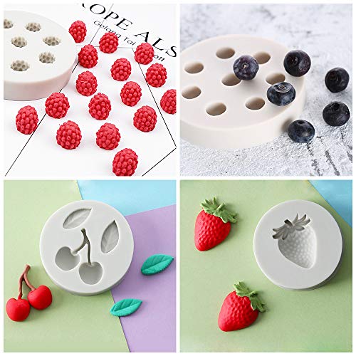 Fewo 4Pcs/Set Blueberry Raspberry Cherry Strawberry Cake Fondant Molds, Berry Series Sugarcraft Gumpaste Silicone Mold for Chocolate Candy Cupcake Topper Decorating Polymer Clay Resin Mold - Image 2