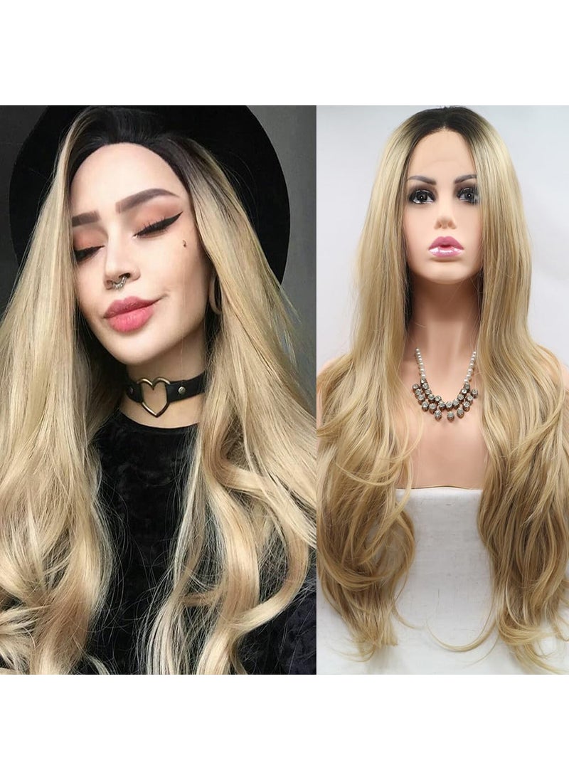 Xiweiya xiweiya Wigs Long Natural Wavy Wig Ombre Blonde Synthetic Lace Front Wigs with Dark Roots Side Part Long Blonde Hair Replacement Wig for Women Drag Queen Makeup 24inch 