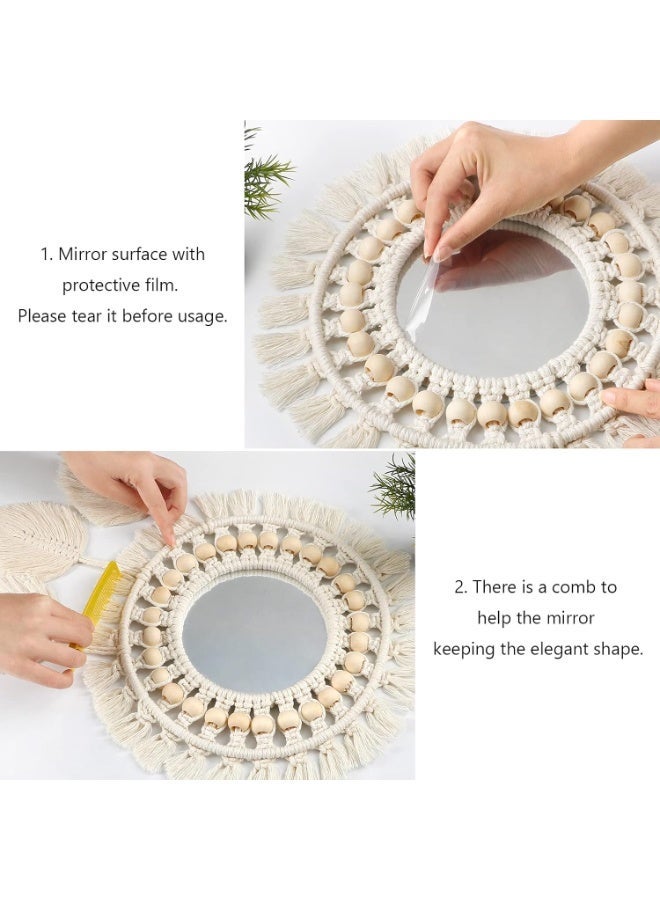 Boho Macrame Fringe Round Wall Mirror with Wood Beads and Feather Pendant, Decorative Art for Home and Bedroom, Perfect Gift Idea - Image 4