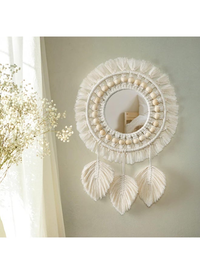 Boho Macrame Fringe Round Wall Mirror with Wood Beads and Feather Pendant, Decorative Art for Home and Bedroom, Perfect Gift Idea - Image 2