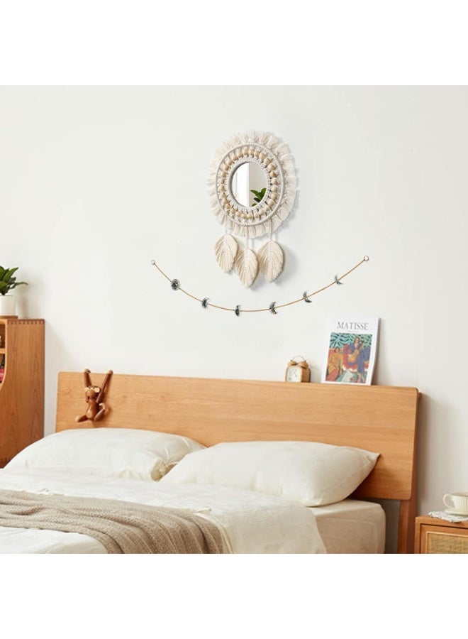 Boho Macrame Fringe Round Wall Mirror with Wood Beads and Feather Pendant, Decorative Art for Home and Bedroom, Perfect Gift Idea - Image 3