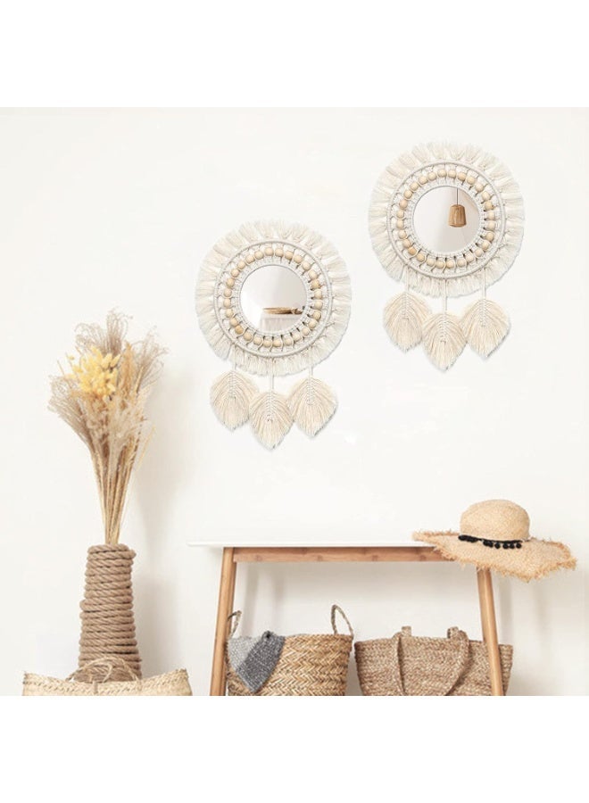 Boho Macrame Fringe Round Wall Mirror with Wood Beads and Feather Pendant, Decorative Art for Home and Bedroom, Perfect Gift Idea - Image 5