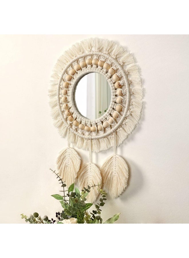Boho Macrame Fringe Round Wall Mirror with Wood Beads and Feather Pendant, Decorative Art for Home and Bedroom, Perfect Gift Idea - Image 1