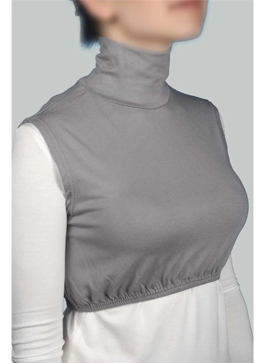 التوبة Zero Sleeve Turtleneck Full Neck Lycra Combed Cotton Women's Half Bodysuit - Gray