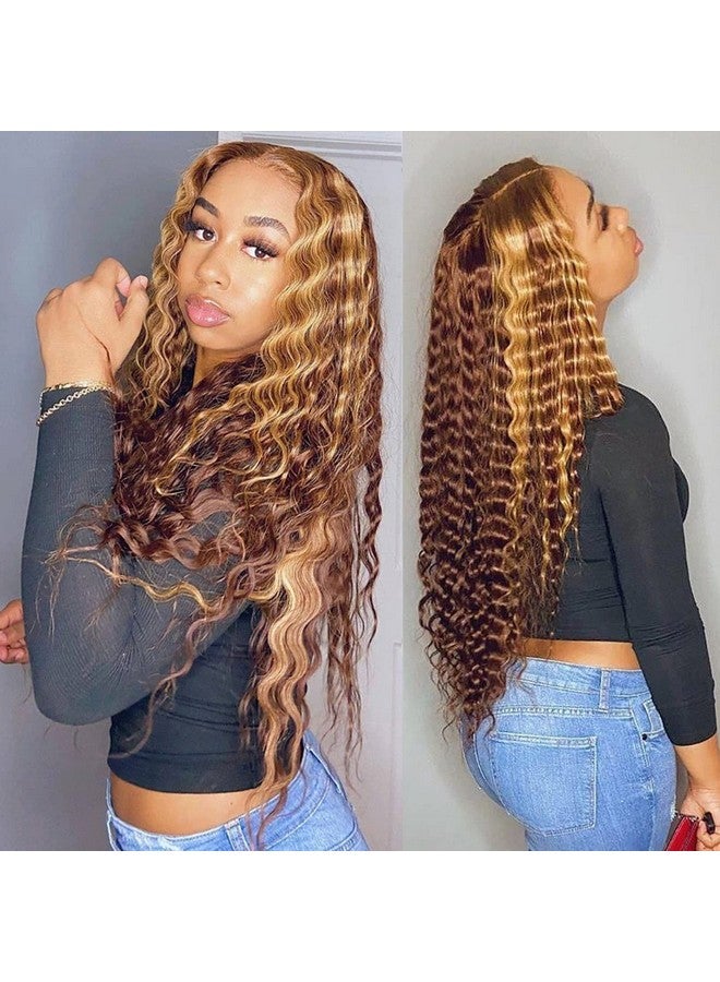 BLY Highlight Human Hair Lace Front Wigs Deep Wave 4/27 Ombre Colored Glueless Wigs Pre Plucked 18 Inch 4X4 Transparent Curly Water Wave Lace Wig Honey Blonde Real Human Hair 180% Density - Image 1