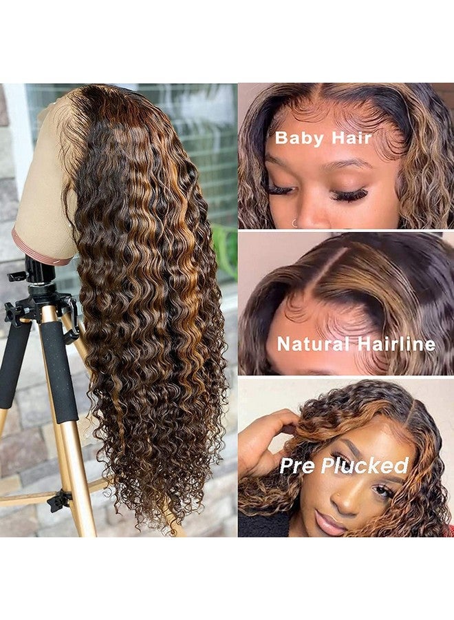 BLY Highlight Human Hair Lace Front Wigs Deep Wave 4/27 Ombre Colored Glueless Wigs Pre Plucked 18 Inch 4X4 Transparent Curly Water Wave Lace Wig Honey Blonde Real Human Hair 180% Density - Image 4