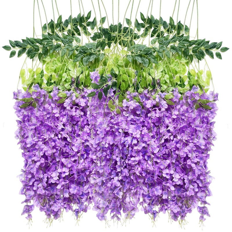 WONICE Artificial Flowers Hanging Flowers, Fake Wisteria Flower Garland Silk Vines Rattan String Decor for Home Wedding Arch Wall Garden Greenery Bedroom Outdoor Office Party Decoration (12, Light Purple) - Image 1