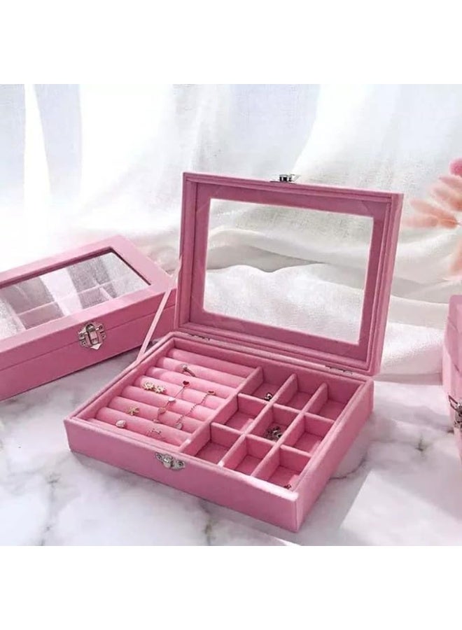Podtribe Acrylic Jewelry Boxes & Organizers, Clear Jewelry Box, Stackable Velvet Earring Organizer Tray for Ring,Bracelet,Earring Organizer - Pink - Image 2
