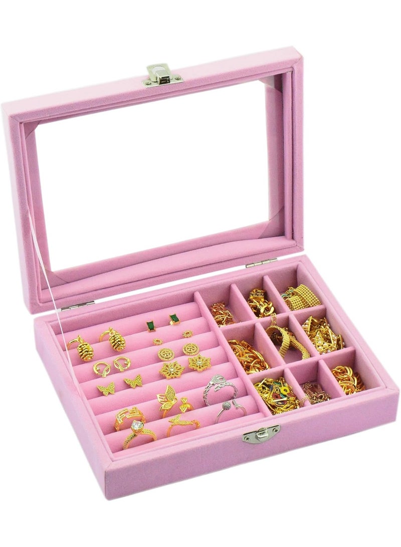 Podtribe Acrylic Jewelry Boxes & Organizers, Clear Jewelry Box, Stackable Velvet Earring Organizer Tray for Ring,Bracelet,Earring Organizer - Pink - Image 1
