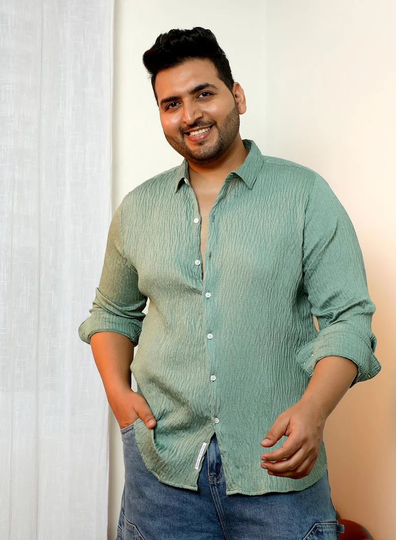 Instafab Plus Instafab Plus Men's Aqua Green Solid Creased-Tactile Shirt | Spread Collar , Long Cuffed Sleeves , Button Closure , Curved Hemline | Solid Creased Polyester Blend Material For Street & Casual Wear