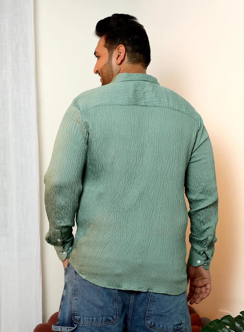 Instafab Plus  Instafab Plus Men's Aqua Green Solid Creased-Tactile Shirt | Spread Collar , Long Cuffed Sleeves , Button Closure , Curved Hemline | Solid Creased Polyester Blend Material For Street & Casual Wear for Men | Best Price UAE