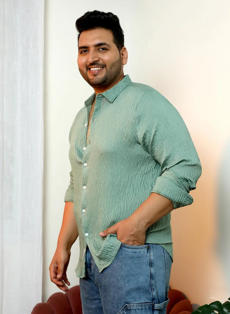 Instafab Plus Instafab Plus Men's Aqua Green Solid Creased-Tactile Shirt | Spread Collar , Long Cuffed Sleeves , Button Closure , Curved Hemline | Solid Creased Polyester Blend Material For Street & Casual Wear