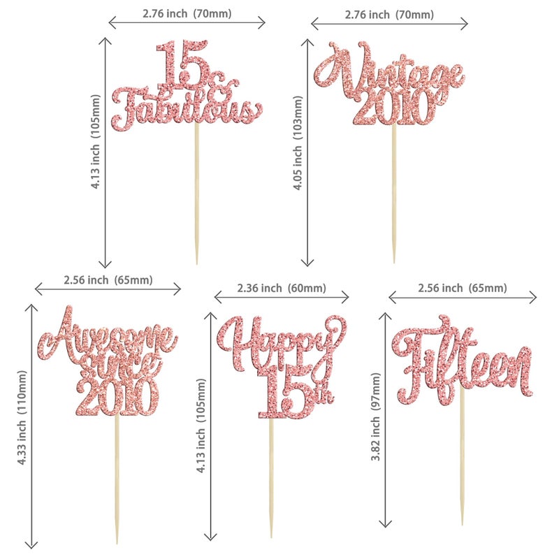 Ephlyn 30Pcs Vintage 2010 Cupcake Toppers Glitter Fifteen 15 Fabulous Happy 15th Birthday Cupcake Picks Cheers to 15 Years for 15th Birthday Anniversary Party Cake Decorations Supplies Rose Gold - Image 2