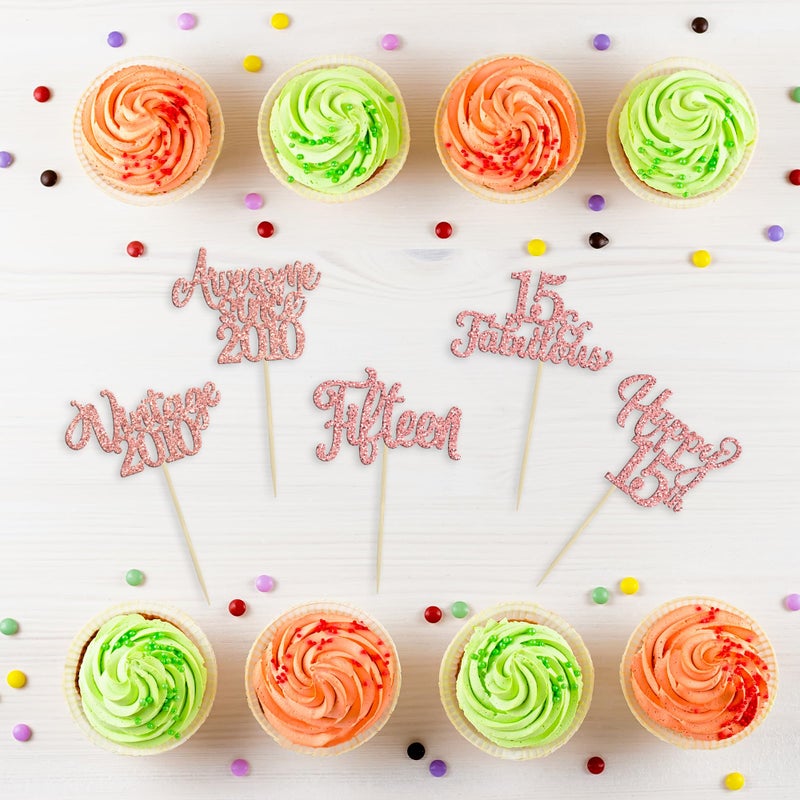 Ephlyn 30Pcs Vintage 2010 Cupcake Toppers Glitter Fifteen 15 Fabulous Happy 15th Birthday Cupcake Picks Cheers to 15 Years for 15th Birthday Anniversary Party Cake Decorations Supplies Rose Gold - Image 3
