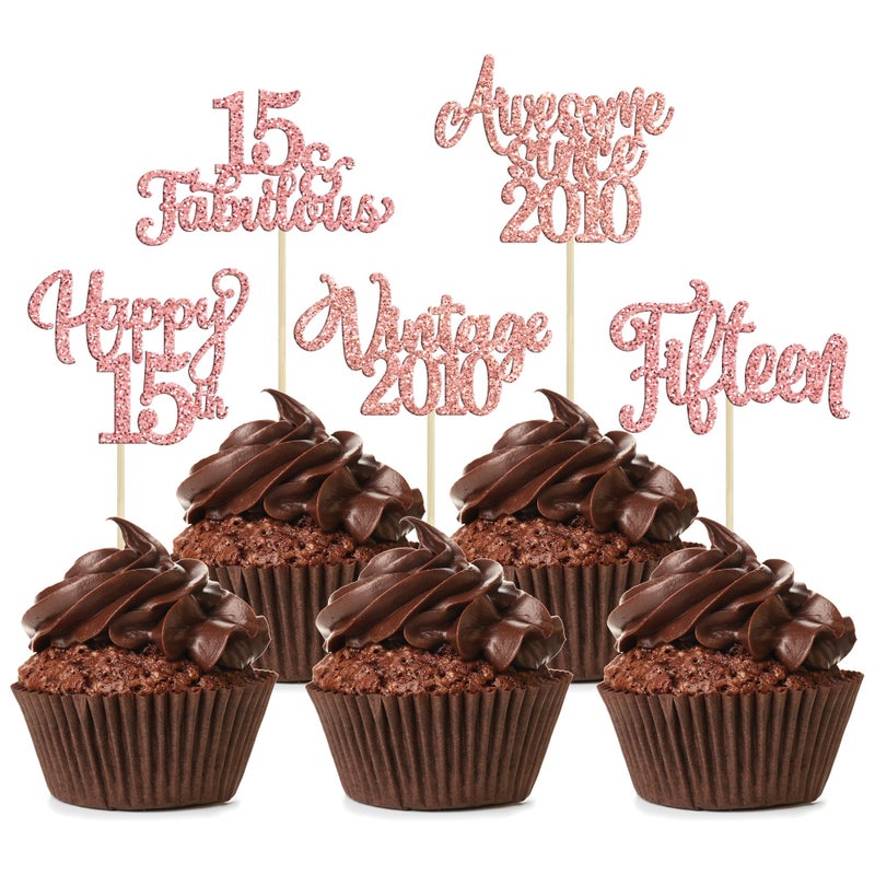 Ephlyn 30Pcs Vintage 2010 Cupcake Toppers Glitter Fifteen 15 Fabulous Happy 15th Birthday Cupcake Picks Cheers to 15 Years for 15th Birthday Anniversary Party Cake Decorations Supplies Rose Gold - Image 1