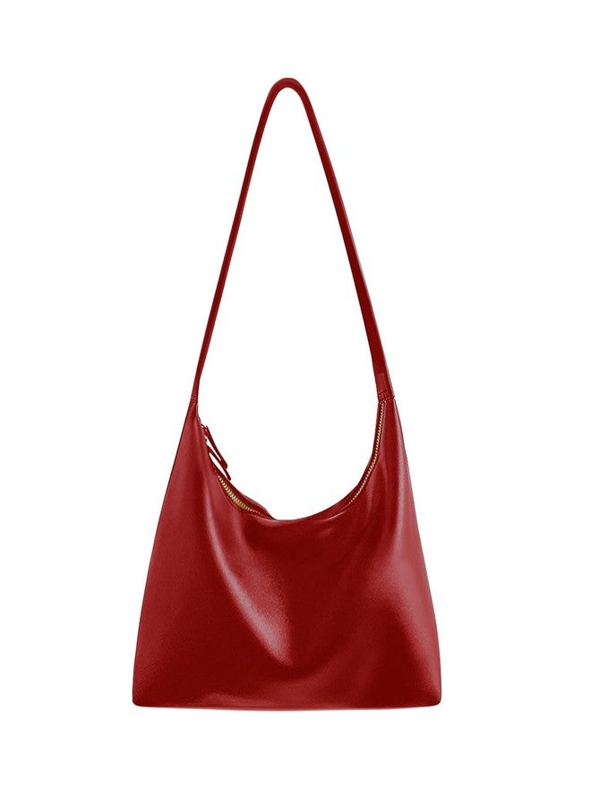 JYG Leather Hobo Bags for Women Small Soft Shoulder Purse Red Slouchy Handbag with Double Zipper Design 2024 - Image 1