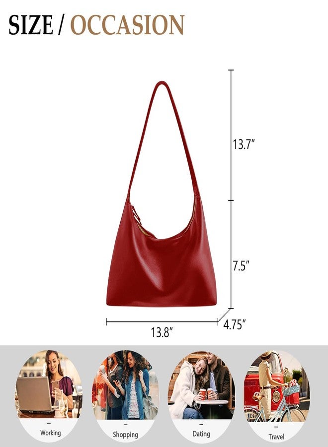 JYG Leather Hobo Bags for Women Small Soft Shoulder Purse Red Slouchy Handbag with Double Zipper Design 2024 - Image 4