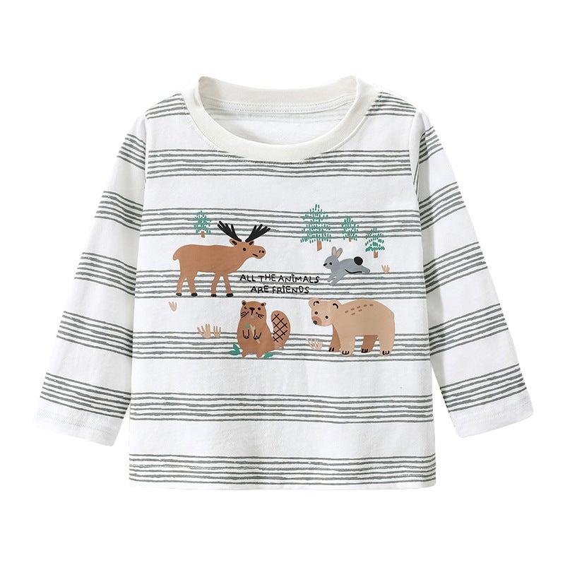 Children's Wear Autumn New Children's T-shirt Cotton Striped Printed Long Sleeve Boy's T-shirt Crewneck - Image 1