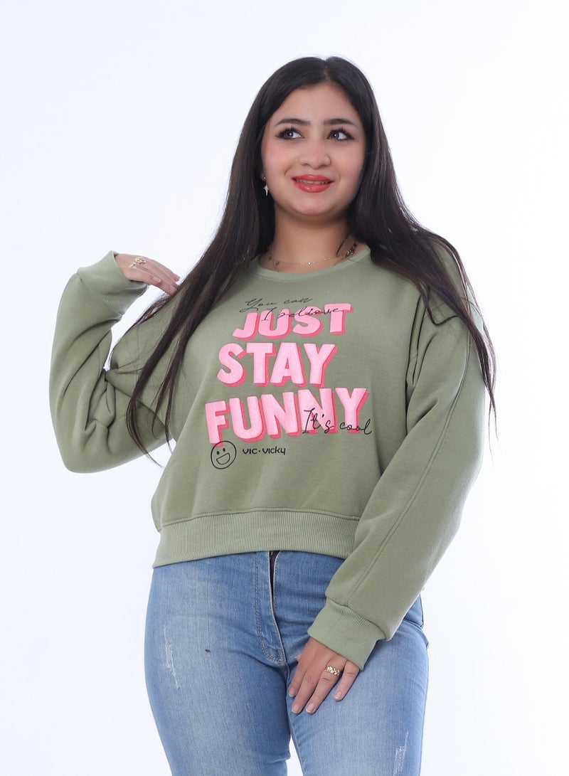 بيبو سويت شيرت نسائي، طباعة جرافيك، أكمام طويلة_اخضر - Image 1