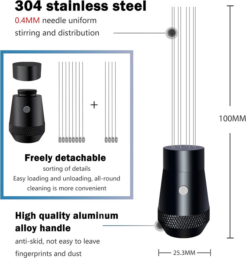 NEOUZA Coffee WDT Distribution Tool Accessories Aluminum Handle Builtin Magnet Design04mm 8 Stainless Needles Espresso Powder Stirrer Black - Image 2