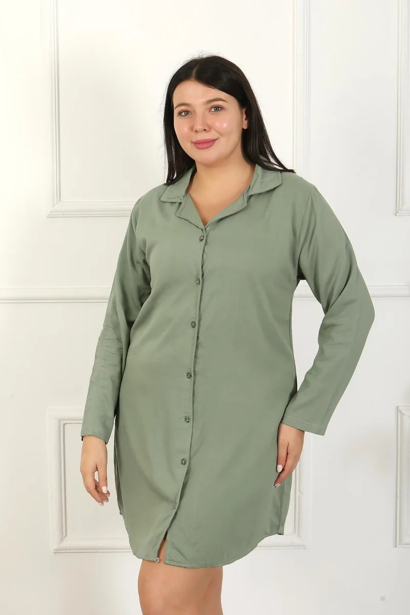 اكبينيز Women's Plus Size Cotton Buttoned Long Sleeve Tunic Nightgown 12207