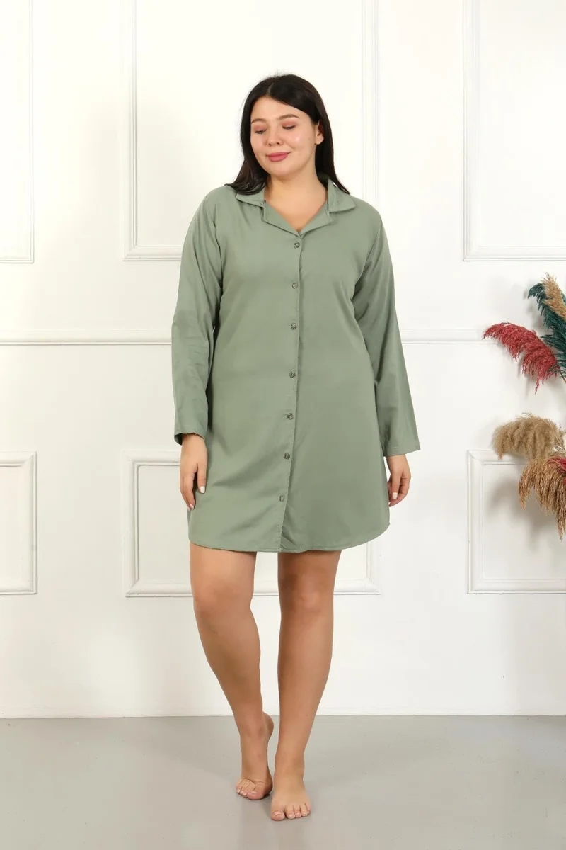 اكبينيز Women's Plus Size Cotton Buttoned Long Sleeve Tunic Nightgown 12207