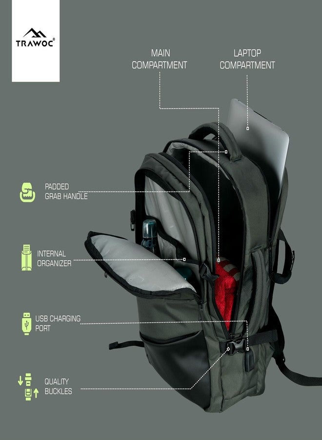 TRAWOC 25L Laptop Backpack TPB02 16-Inch Laptop Compartment, USB Charging Port & 3-Year Warranty for Men & Women-Uniform green - Image 3