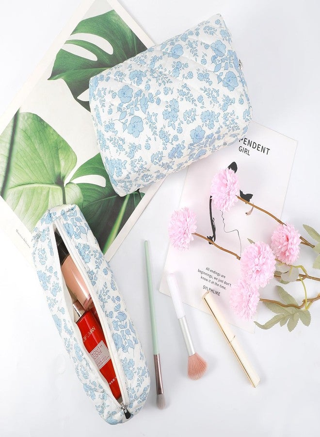 Gocvo Makeup Bag Cosmetic Bag Set for Girls Women Checkered Travel Organizer Bathroom Toiletry Pouch Large Capacity Storage Bag, Blue Flower - Image 3