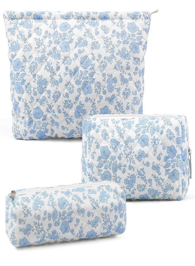 Gocvo Makeup Bag Cosmetic Bag Set for Girls Women Checkered Travel Organizer Bathroom Toiletry Pouch Large Capacity Storage Bag, Blue Flower - Image 1