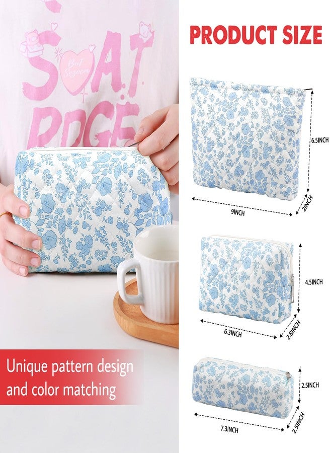Gocvo Makeup Bag Cosmetic Bag Set for Girls Women Checkered Travel Organizer Bathroom Toiletry Pouch Large Capacity Storage Bag, Blue Flower - Image 4
