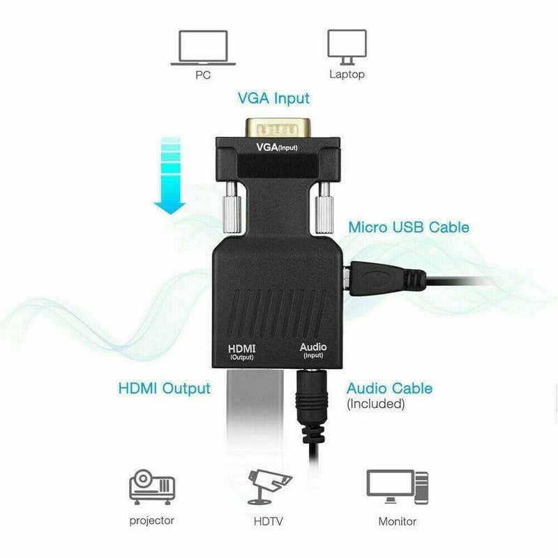 GR Deals GR Deals VGA to HDMI Adapter Converter with Audio (PC VGA to HDTV) - Active 1080p Video Dongle for Computer, Laptop, Projector, Monitor - Male VG-A in, Female HDMI Out. (Black). - Image 5