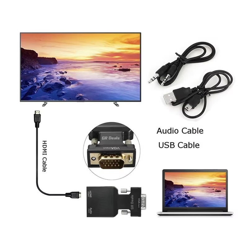 GR Deals GR Deals VGA to HDMI Adapter Converter with Audio (PC VGA to HDTV) - Active 1080p Video Dongle for Computer, Laptop, Projector, Monitor - Male VG-A in, Female HDMI Out. (Black). - Image 4