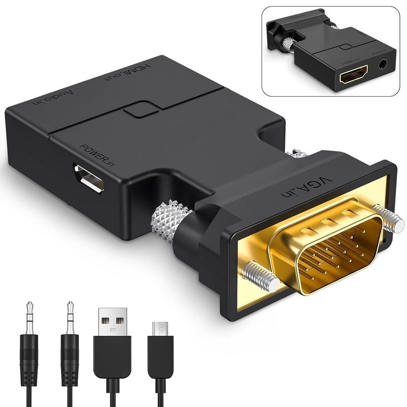 GR Deals GR Deals VGA to HDMI Adapter Converter with Audio (PC VGA to HDTV) - Active 1080p Video Dongle for Computer, Laptop, Projector, Monitor - Male VG-A in, Female HDMI Out. (Black). - Image 1