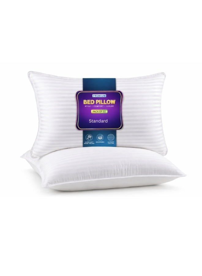 Bed Pillow, 2 Pieces, 1000 Gram Each, Size 50x70 cm, Stripe Luxury Down Alternative Filling, Soft Brushed Microfiber, Anti-Allergy, White, Pack of 2