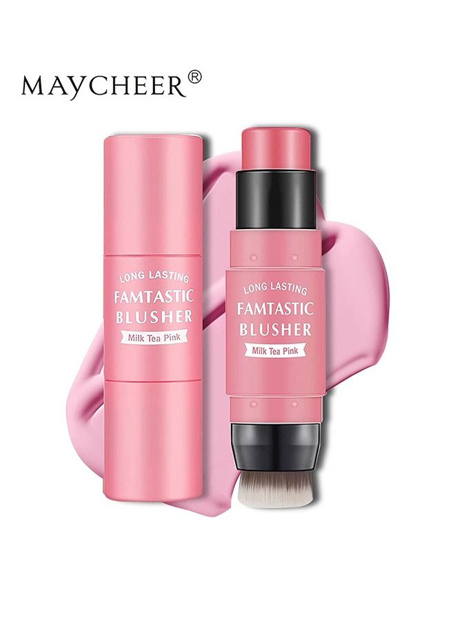 MAYCHEER عصا أحمر الخدود الكريمية مع فرشاة، مكياج أحمر الخدود مقاوم للماء، أحمر الخدود 2 في 1 يدوم طويلاً، عصا مكياج الشفاه وظلال العيون، مكياج أحمر الخدود الكريمي لجميع ألوان البشرة - شاي حليب وردي - Image 1