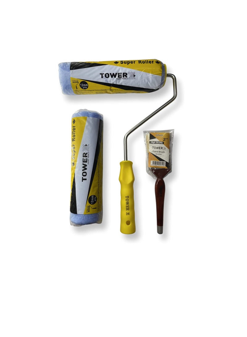 تاور مجموعة أدوات الطلاء المكونة من 3 قطع من تاور - فرشاة طلاء 2 بوصة ، بكرة 9 بوصة ، إعادة تعبئة بكرة 9 بوصات ، مجموعة لوازم الطلاء ، دهان المنزل ، الأدوات ، الرول وفرش الطلاء - Image 1