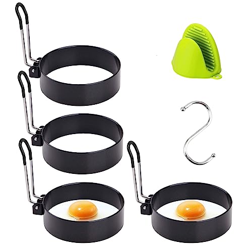 LeeLoon 4 Pack Stainless Steel Egg Ring Molds With Non Stick Metal Mold Shaper Circles For Fried Egg McMuffin Sandwiches,Frying Or Shaping Eggs,Breakfast Household Kitchen Cooking Tool Omelette - Image 1
