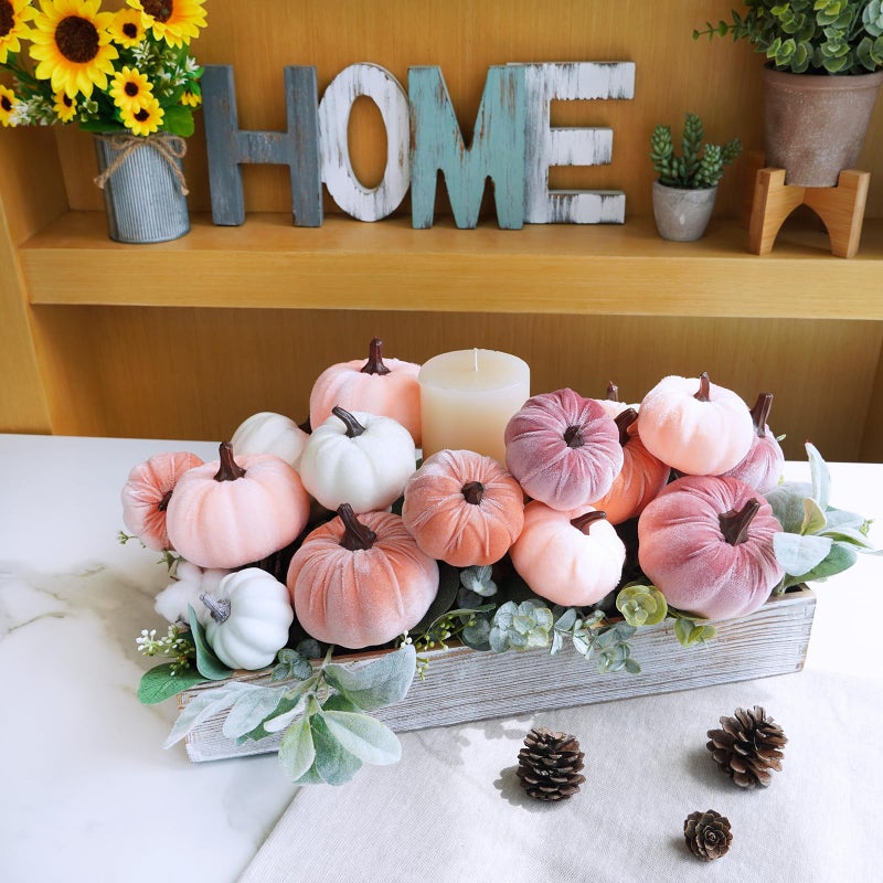 Winlyn Winlyn 16 Pcs Assorted Artificial Velvet Pumpkins Blush Coral Pink Peach Cream Decorative Fabric Pumpkins Foam Pumpkins for Fall Wedding Baby Shower Thanksgiving Pastel Halloween Wreath Table D?cor  - Image 5