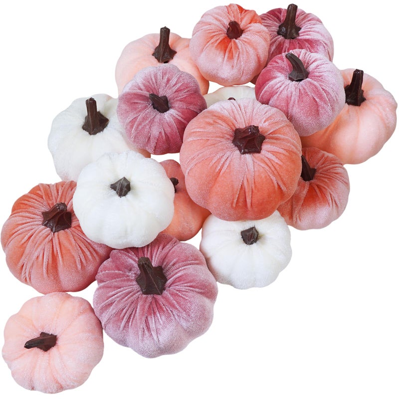 Winlyn Winlyn 16 Pcs Assorted Artificial Velvet Pumpkins Blush Coral Pink Peach Cream Decorative Fabric Pumpkins Foam Pumpkins for Fall Wedding Baby Shower Thanksgiving Pastel Halloween Wreath Table D?cor  - Image 1