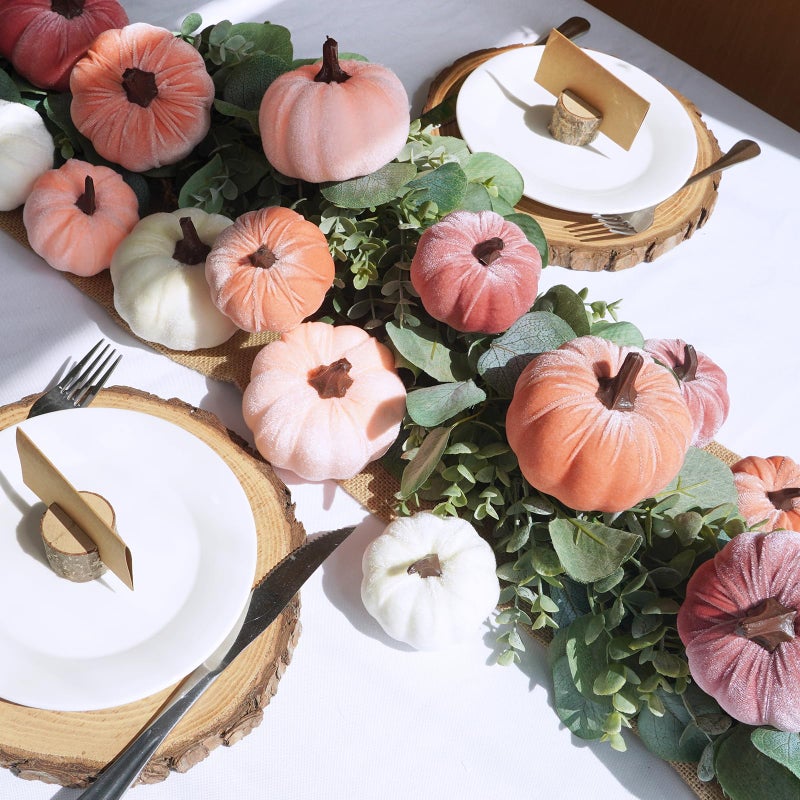 Winlyn Winlyn 16 Pcs Assorted Artificial Velvet Pumpkins Blush Coral Pink Peach Cream Decorative Fabric Pumpkins Foam Pumpkins for Fall Wedding Baby Shower Thanksgiving Pastel Halloween Wreath Table D?cor  - Image 3