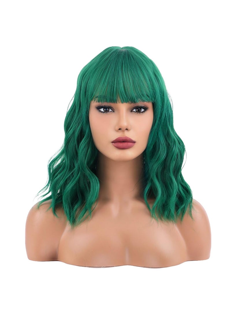 MAGQOO - MAGQOO Green Wig Women Girls Emerald Green Bob Wig Short Curly Wavy Green Wig with Bangs St Patrick Halloween Party Wigs Synthetic Heat Resistant - Image 1