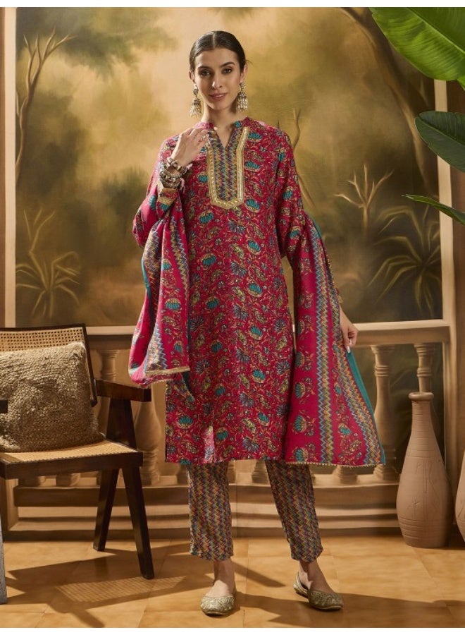 AKS Magenta Silk Gold Foil Printed Suit Set  - Image 1