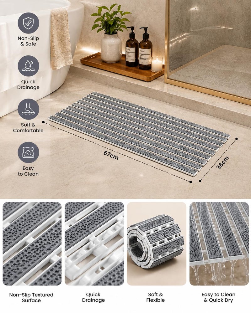Non Slip Bath Mat for Shower & Bathtub, PVC Rollable Bathroom Mat 68 x 38 cm, Cut to Size, Quick Draining Shower Floor Mat, Anti Slip Bath Mat, Grey