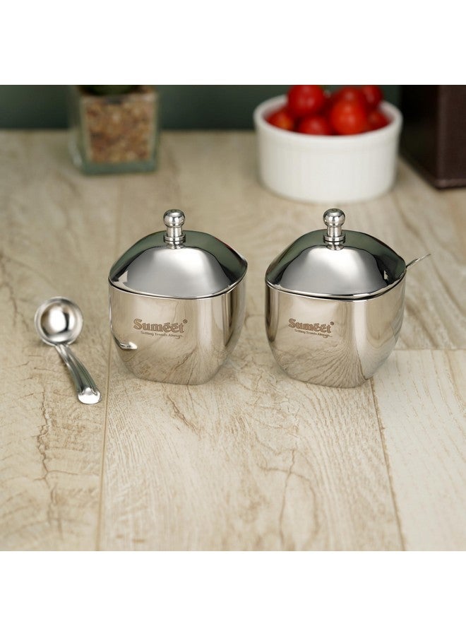 Sumeet Stainless Steel Square Shape Ghee and Oil Pot, Storage Container with Spoon for Kitchen, 6.5cm Dia, 160ML - Silver (Pack of 2) - Image 1