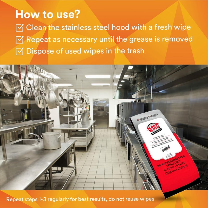 3M Scotch-Brite Stainless Steel Hood Degreaser Wipes with Scotchgard Protector, Appliances, Fridge, Fryer, Exhaust Range Hood, Dishwasher, Sink - Image 3